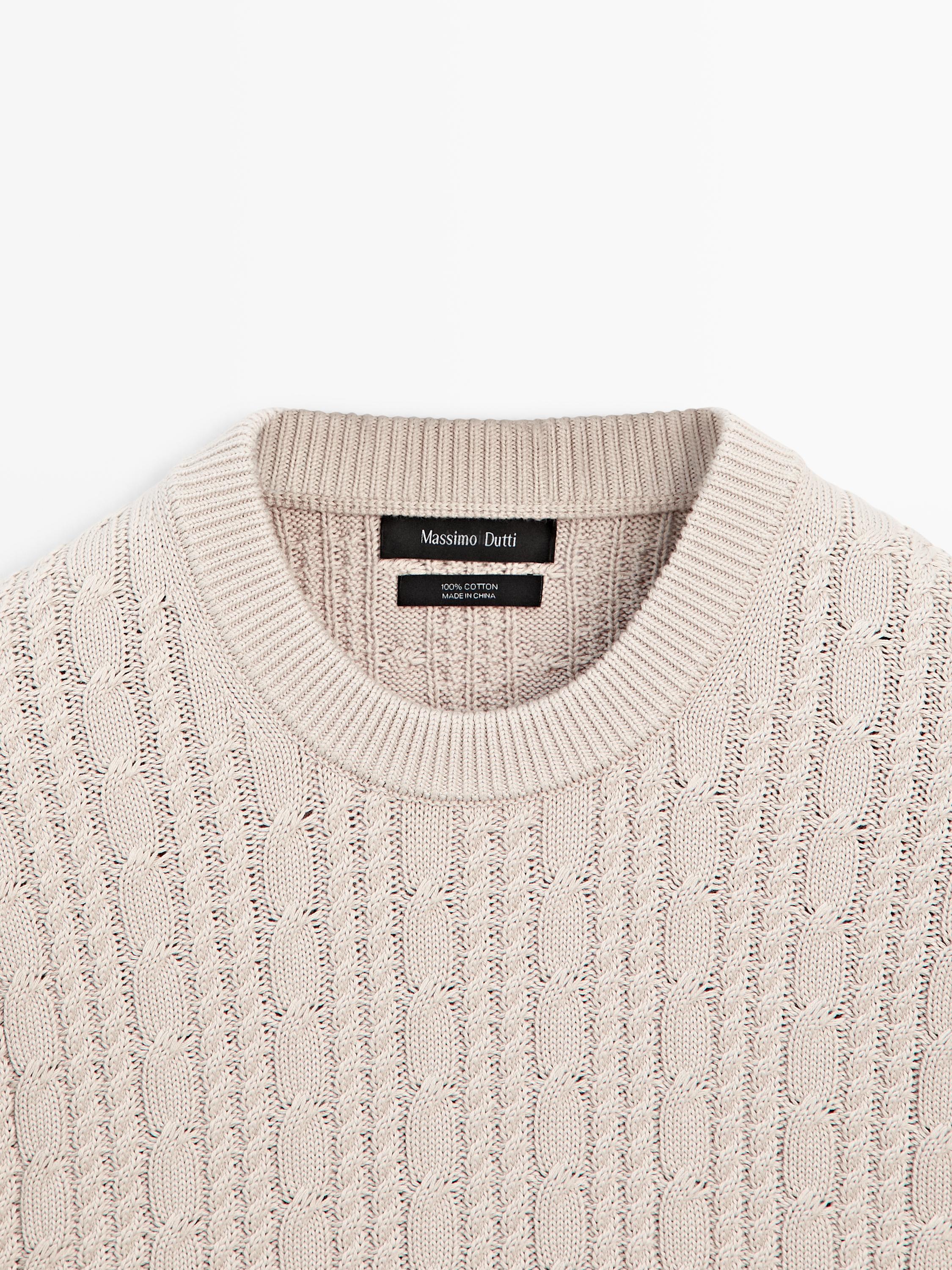 Cable-knit 100% cotton sweater with crew neck